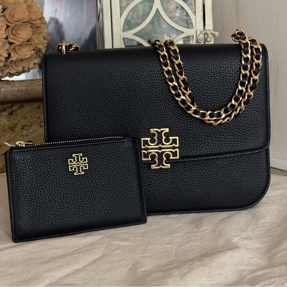 760+! Tory Burch Britten Medium Adjust Shoulder Bag Leather/ Black & cardholder